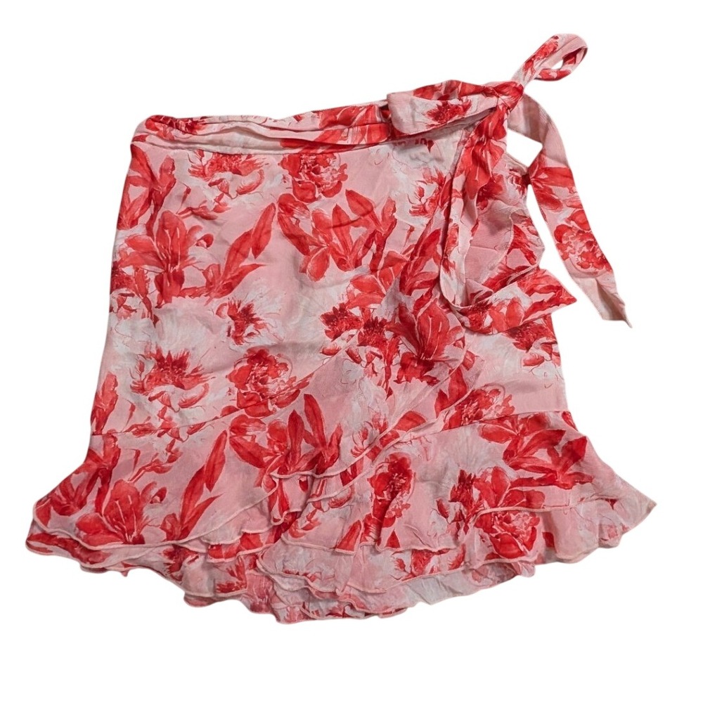 Mandira Wirk Red Pink Floral Viscose Ruffle Wrap Mini Skirt Womens Size Small